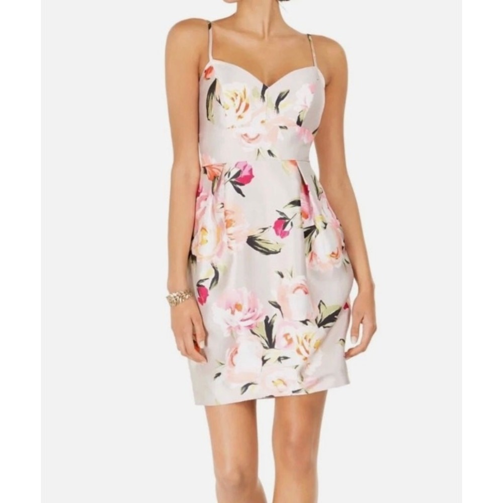 Eliza J Cocktail Dress Womens‎ 6 Pink Floral Satin Sweetheart Neck Mini Dress